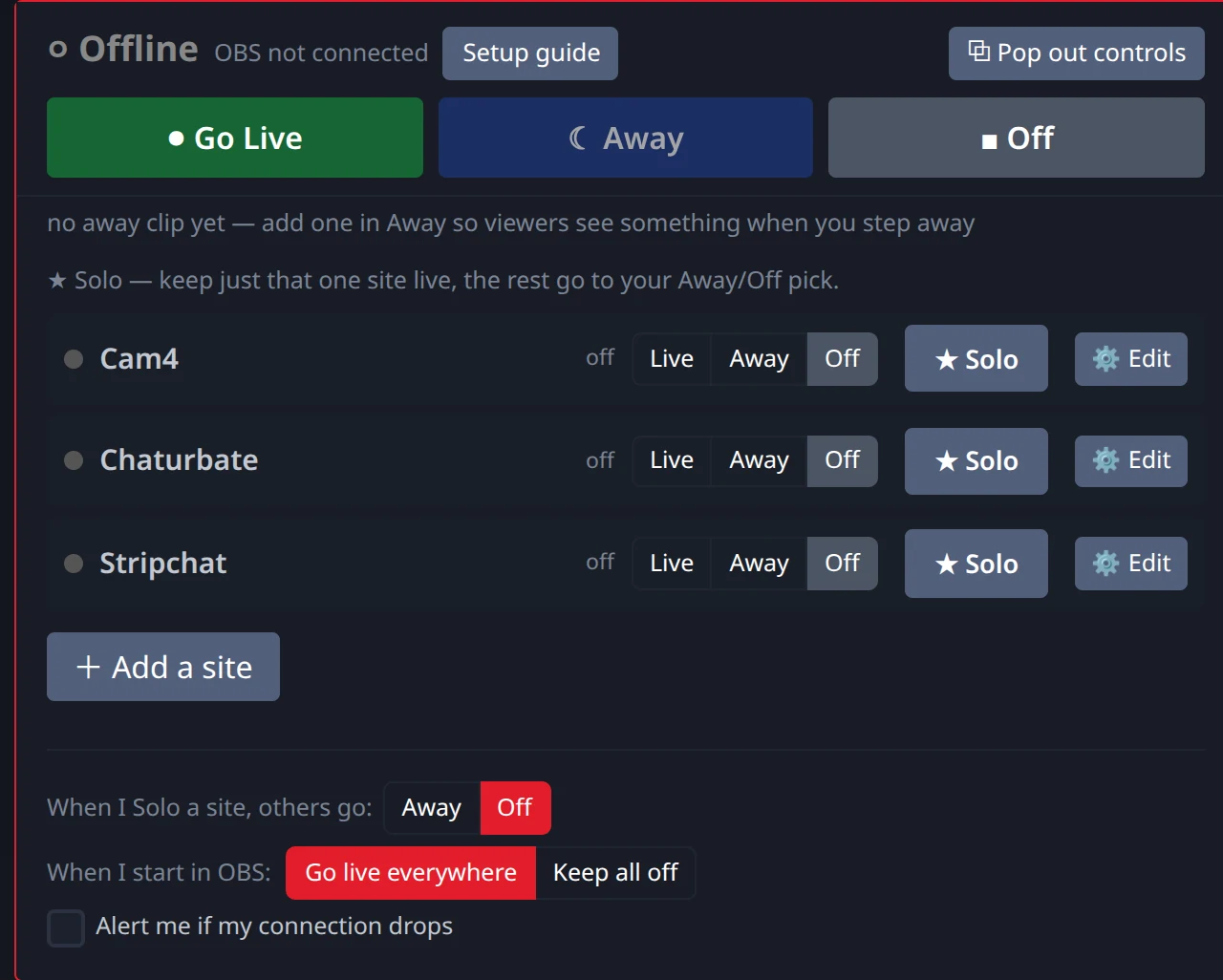 Three sites listed in the Stream-Split dashboard, each with a Solo button that keeps one room live and parks the rest