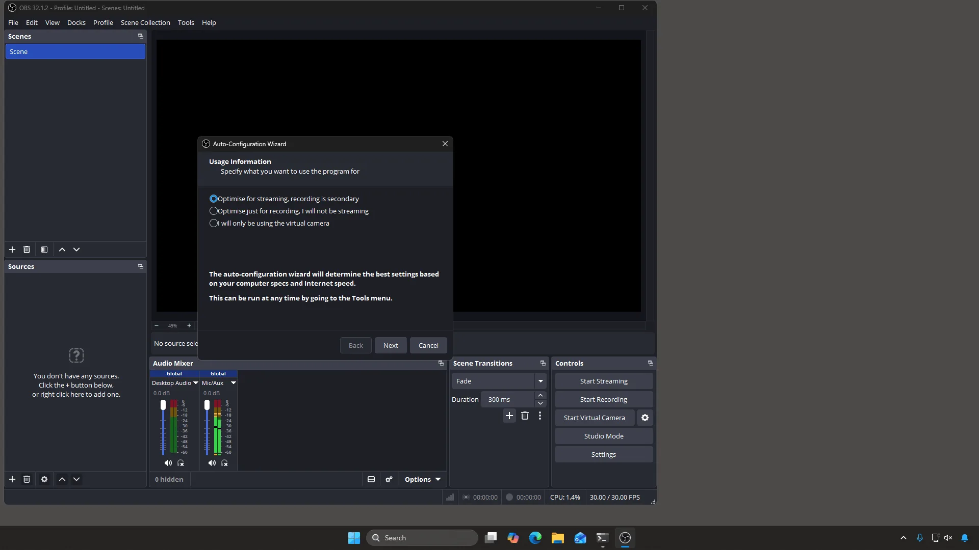The Auto-Configuration Wizard OBS opens on first run - click Cancel