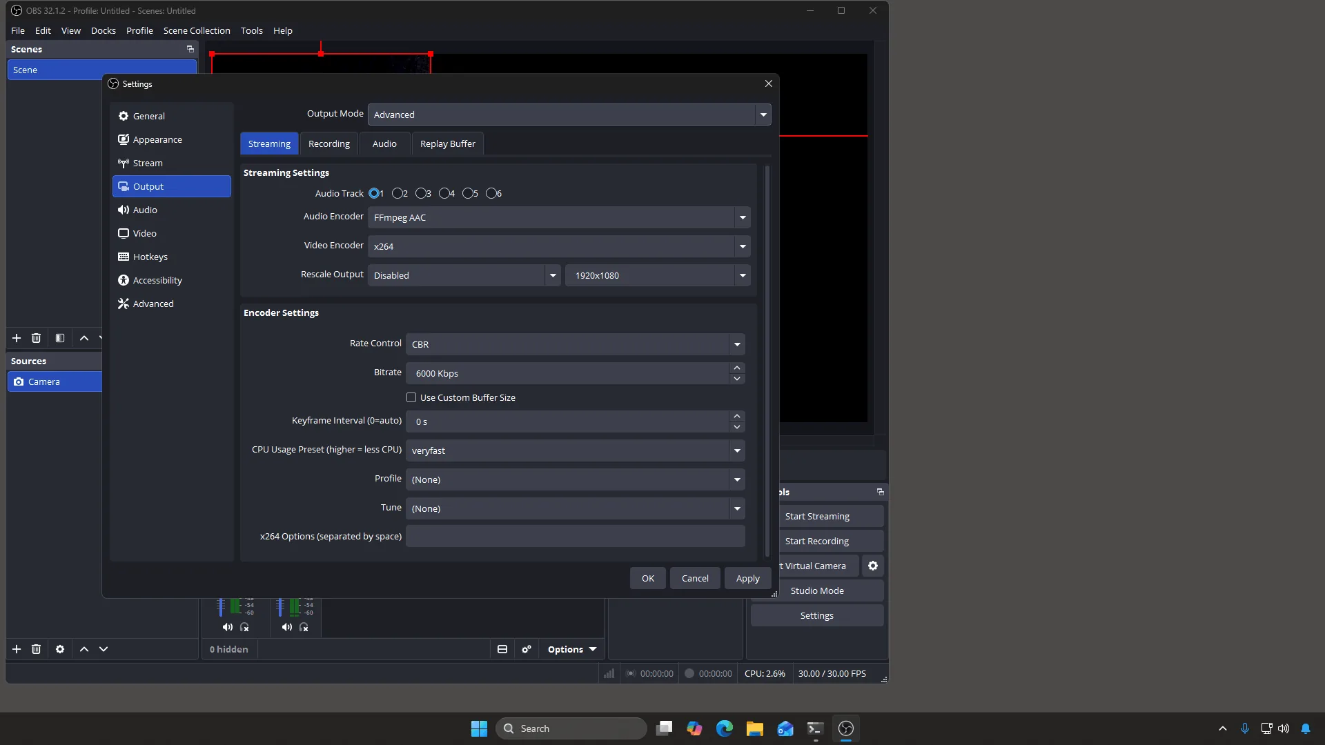 OBS Output settings in Advanced mode showing Rate Control, Bitrate, Keyframe Interval and Profile
