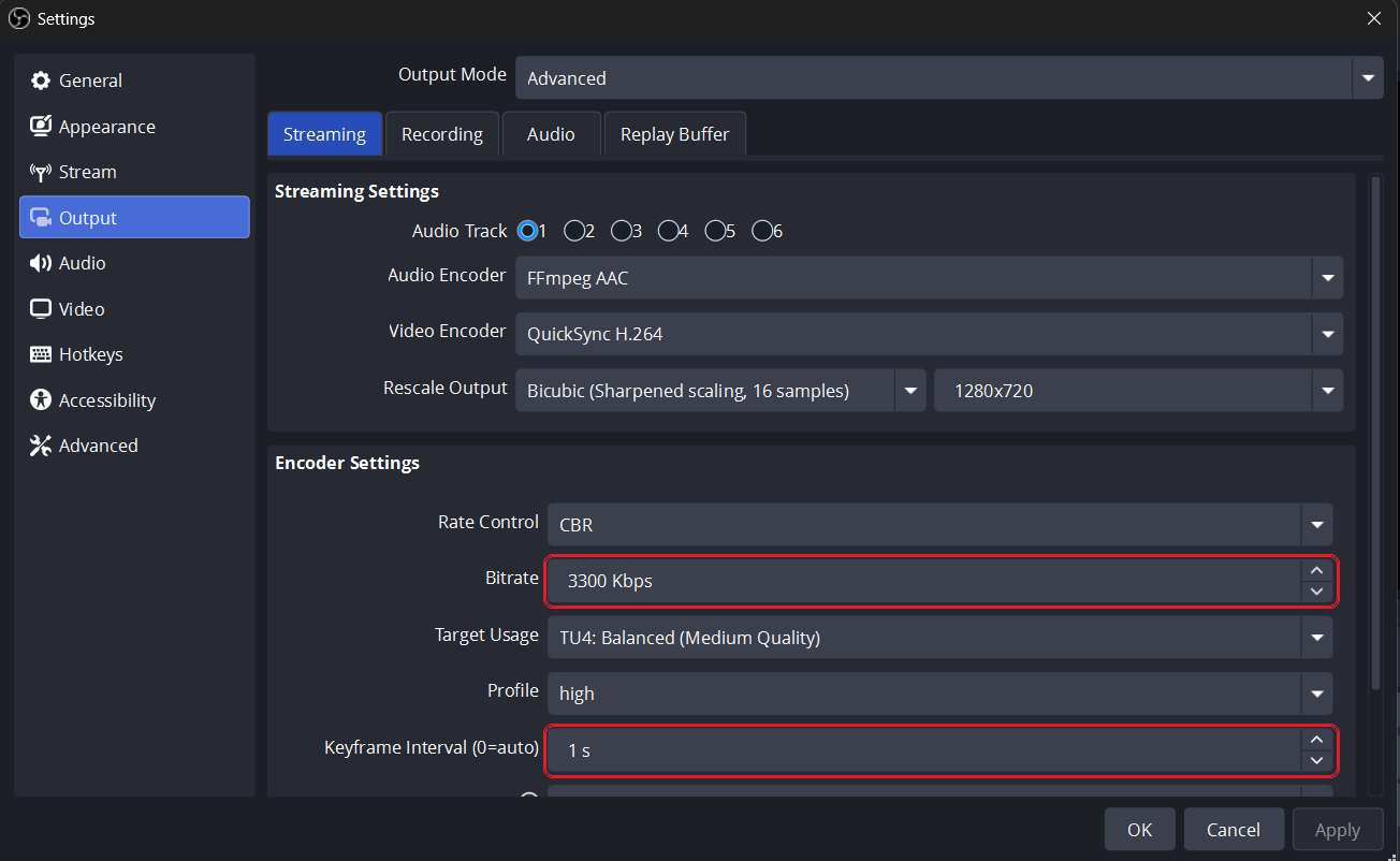 The two values worth checking: bitrate and keyframe interval