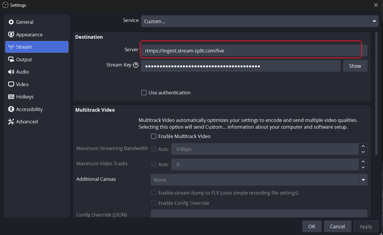 OBS Settings → Stream: Custom service, the relay URL in the Server field, your key masked below it