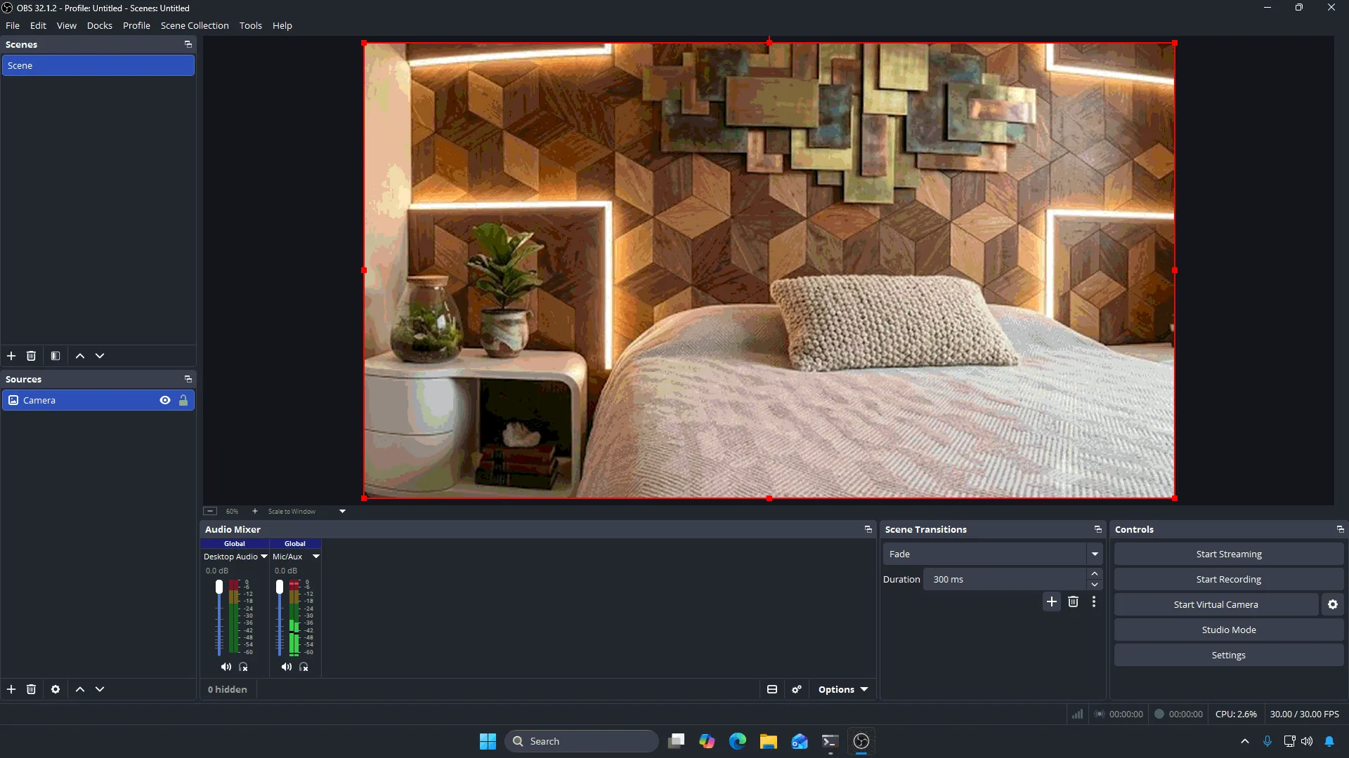 OBS ready to go live: video in the preview, audio meters moving, Start Streaming in the Controls panel