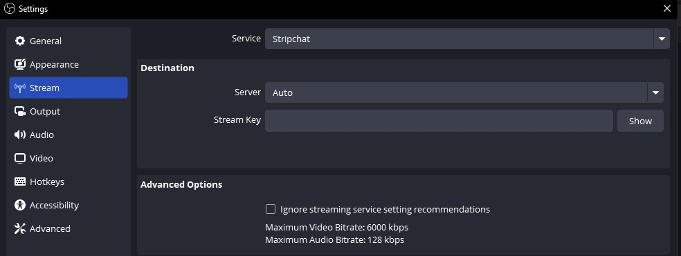 OBS Settings window, Stream tab, with Service set to Stripchat and the Server and Stream Key fields visible
