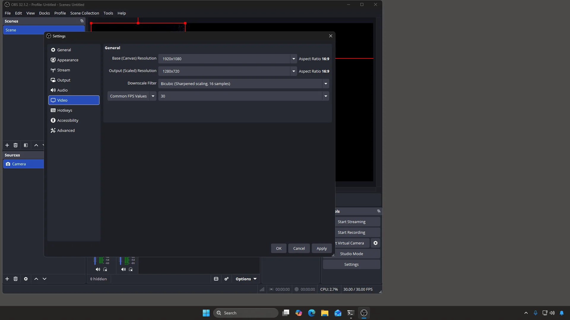 OBS Settings Video tab showing Base Canvas and Output Scaled resolution and FPS